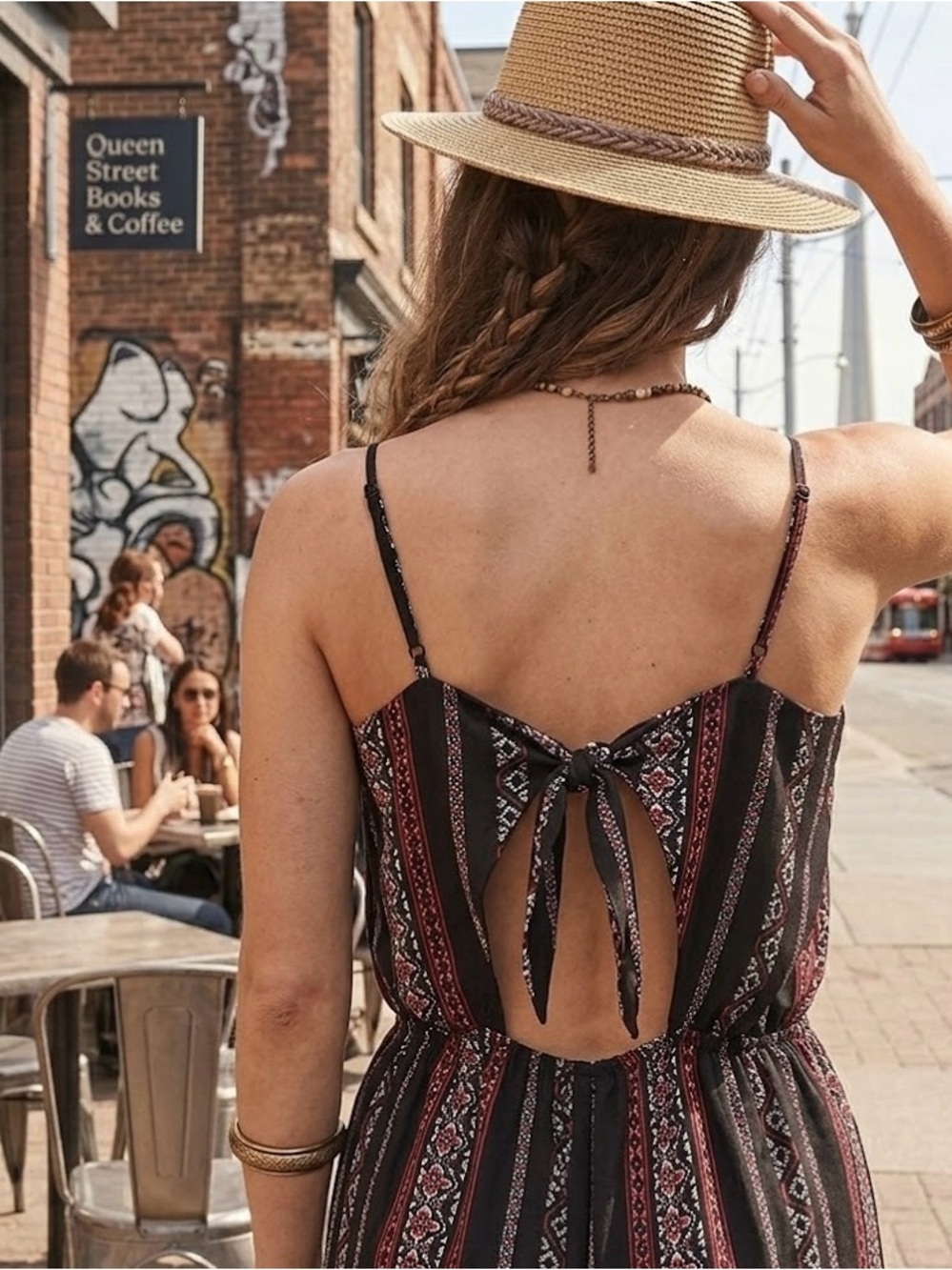 🌸 NWT Boho Wide Leg Open Back Jumpsuit Tribal Stripe Black Combo - Size M - Picture 2 of 4